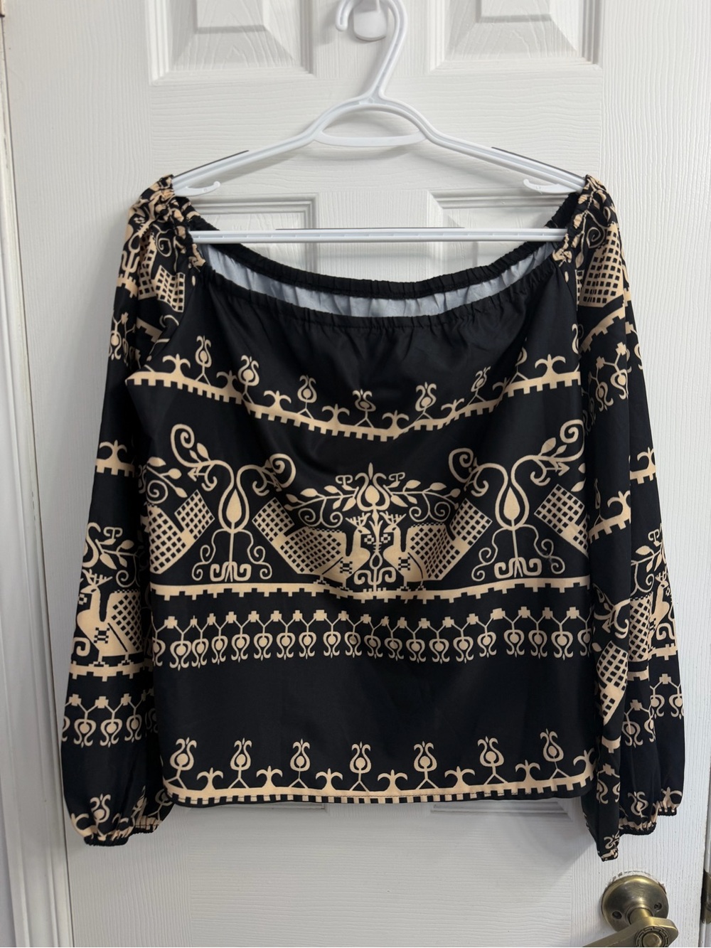 SHEIN Black Cream Off-Shoulder Blouse Women's XL Boho Chic Long Sleeve Y2K